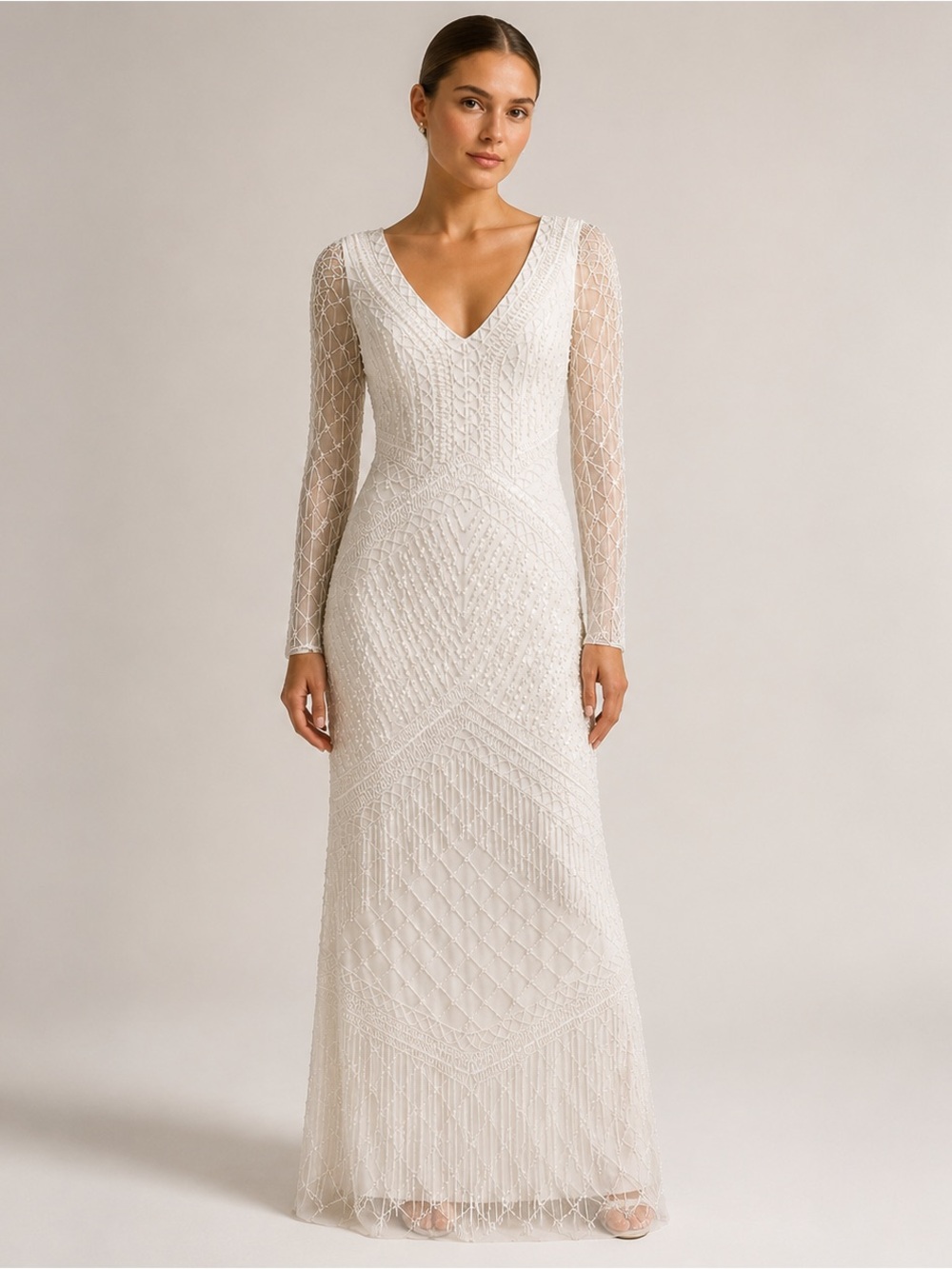 Adrianna Papell Ivory Beaded Long-Sleeve V-Neck Gown